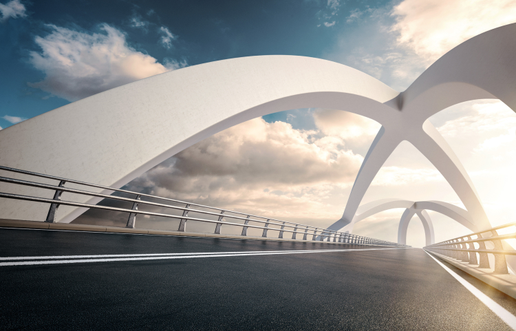 Modern white bridge with clouds